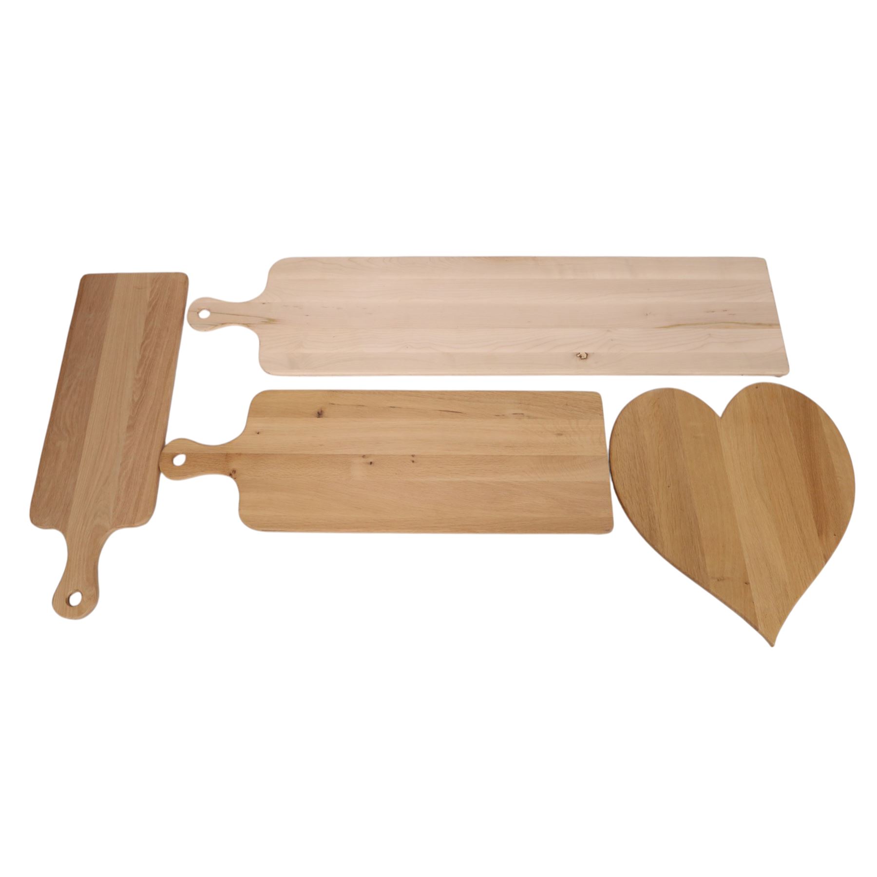 Three rectangular cheese boards/serving platter, together with another in the shape of a heart, largest L130cm 