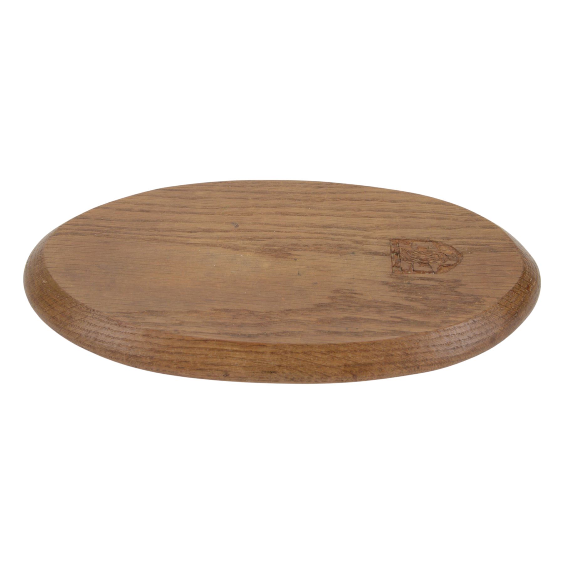 Gnomeman - tooled oak dish, carved with rose motif to the center, carved beneath with gnome signature, by Thomas Whittaker, Littlebeck, L36cm