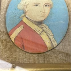 19th century watercolour head and shoulder portrait miniature of a Georgian  British Army Officer, oval 6.5 x 5cm, oak frame; and tapestry silhouette portrait miniature of a British soldier, 10.5 x 7cm, Hogarth frame (2)