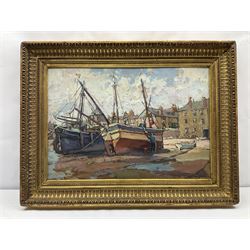 Hurst Balmford (British 1871-1950): 'St. Ives - Fishing Boats on the Wharf', oil on canvas board signed, titled verso 36cm x 53cm