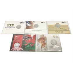 Five The Royal Mint United Kingdom fine silver twenty pound coins, dated 2013 'A Timeless First', 2014 'Outbreak', 2015 'The Longest Reigning Monarch', 2016 'The 90th Birthday of Her Majesty The Queen' and 2016 'Pride of Wales', each housed on card (5)