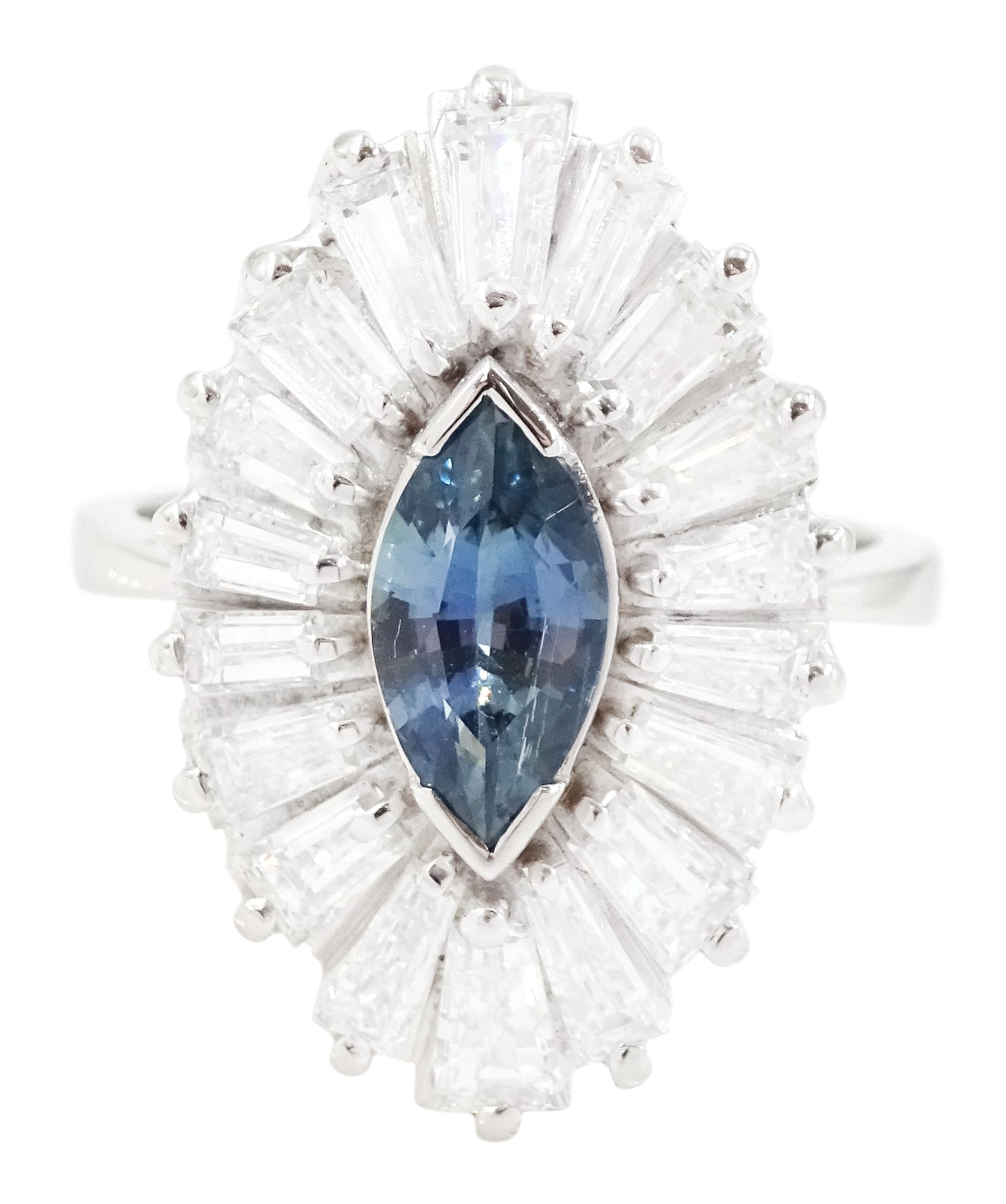 14ct white gold sapphire and diamond cluster ring, single unheated marquise cut teal sapphire of approx 0.93 carat, with tapered cut diamond surround, total diamond weight approx 2.20 carat, with Alan Poultney Gems report
