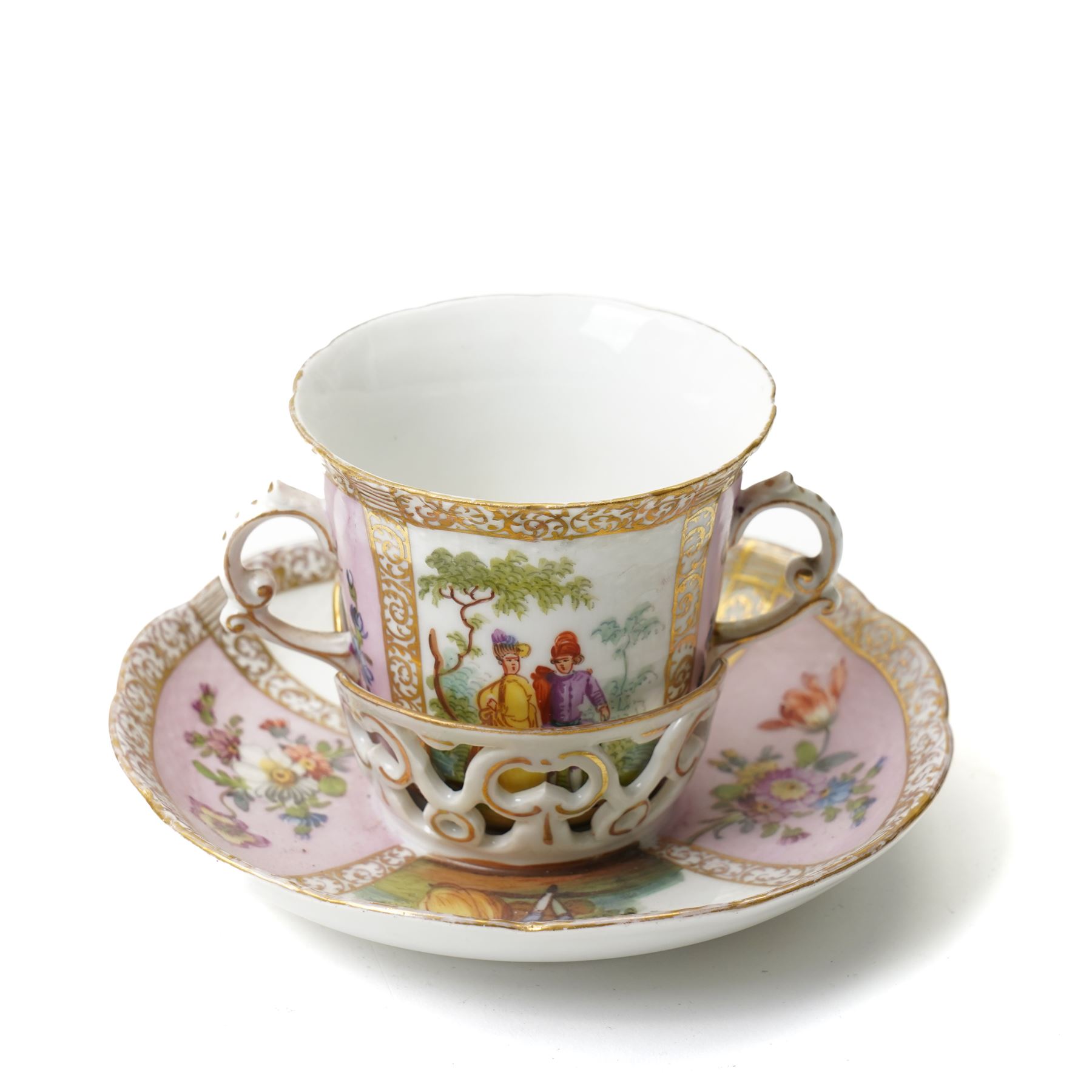 Collection of Helena Wolfsohn Dresden porcelain works, comprising a quatrefoil dish, D24cm, a chocolate cup with socketed saucer, two teacups, one with saucer, and a pair of twin-handled covered cups, each decorated with panels of flowers and courting scenes, various blue marks to bases
