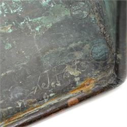 Arts & Crafts period copper fireplace hood by John Pearson, decorated with stylised roundels, signed verso, W77cm