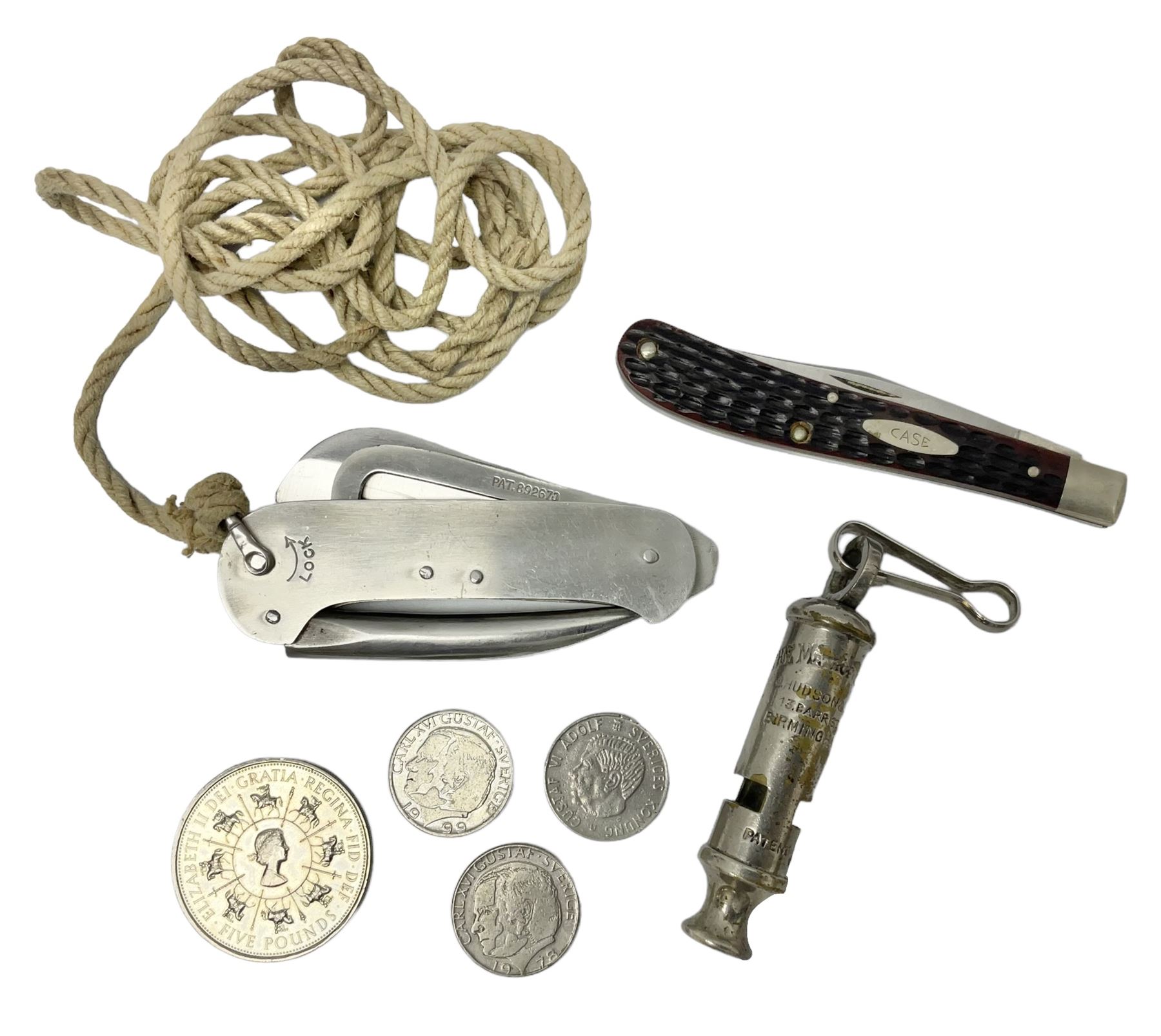 Barlow Shackler Sailor's Knife PAT.41576, together with a penknife, whistle and coins 