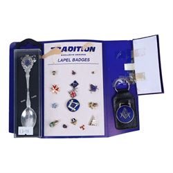 Large collection of Pin badges, including masonic examples together with teaspoons, keyrings etc   
