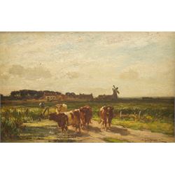 Owen Bowen (Staithes Group 1873-1967): Cattle Watering in the Flatlands with Windmill to t...