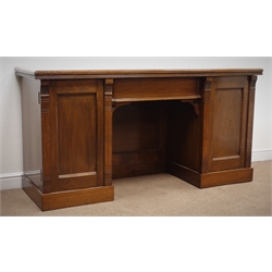  Late Victorian oak twin pedestal sideboard, moulded top, single frieze drawer and two cupboard doors enclosing fitted interior, plinth base, W183cm, H94cm, D62cm  