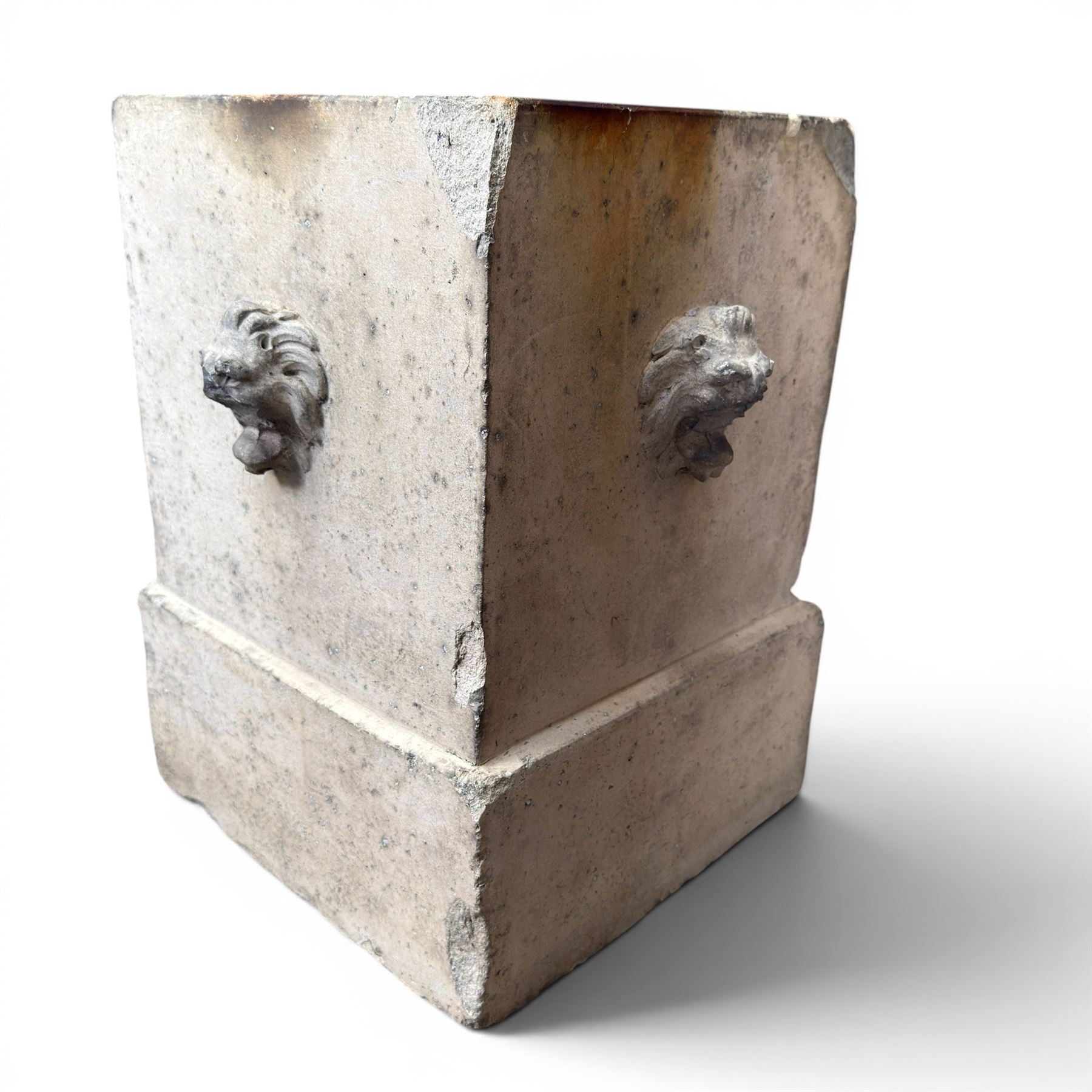 J M Blashfield - pair of 19th century buff terracotta garden urn plinths, square form with stepped base, decorated with relief lion masks