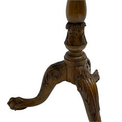 Gott's of Pickering - pair of late 20th century Georgian design tripod wine tables, moulded pie-crust tilt-top on turned pedestal with curled acanthus leaf carved baluster, three splayed ball and claw carved supports with scrolled acanthus leaf decoration 