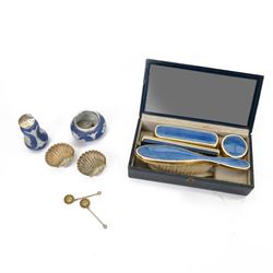 Blue guilloche enamel decorated travel dressing table set, housed in a blue carry case, together with a pair of silver plated shell salts with matching spoons, Wedgwood Jasperware salt with silver top, hallmarked and other cabinet items 
