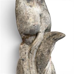 Two composition stone garden figures, comprising a seated boy figure and a standing classical draped female figure, each on square base, weathered painted finish.