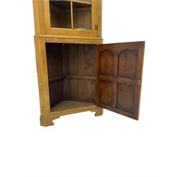 Traditional light oak corner cabinet, projecting cornice, dentil frieze, single glazed door above single fielded door
