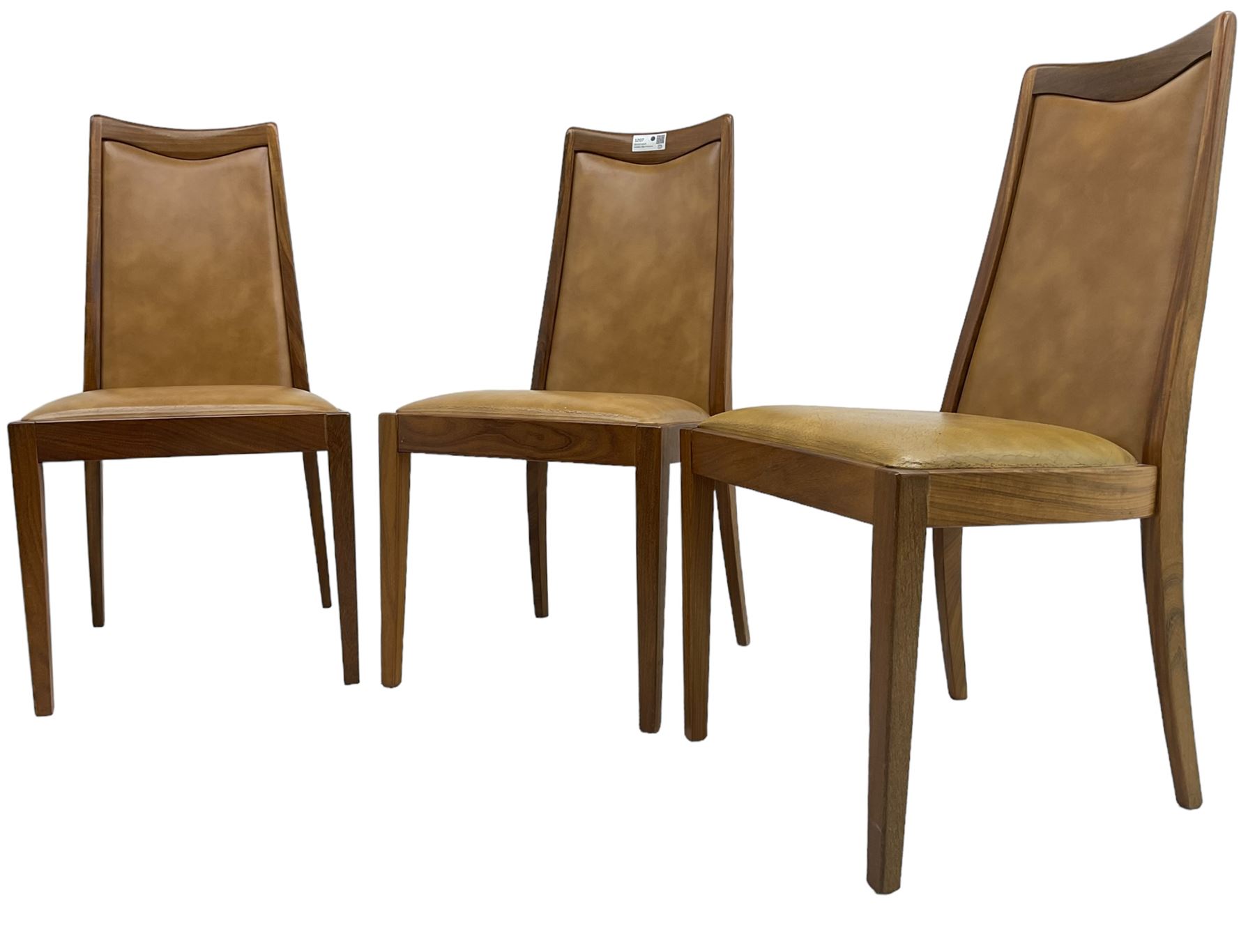 G-Plan - set of six mid-20th century teak 'Fresco' dining chairs, high back and seat upholstered in tan faux leather, on square tapering supports