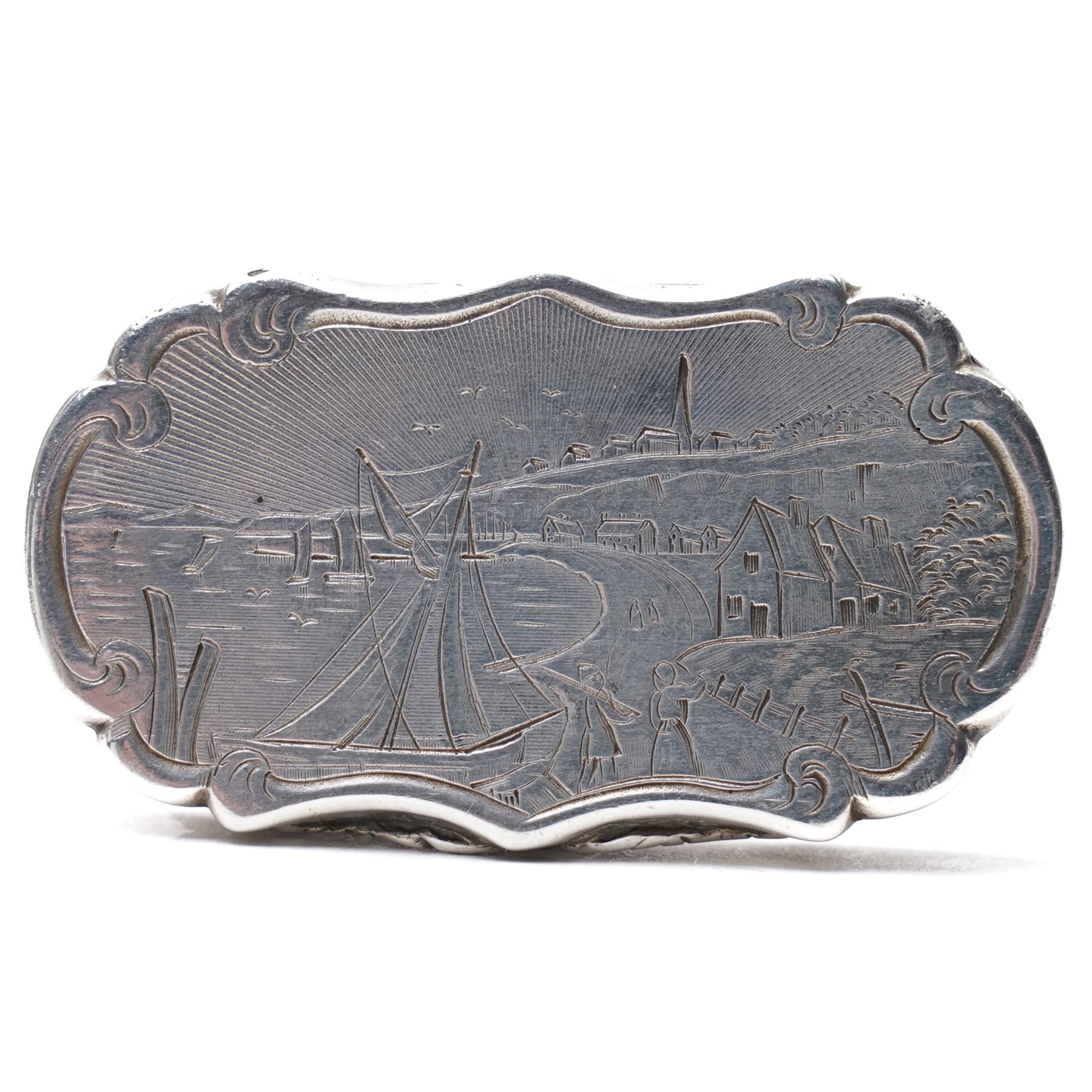 Victorian silver castle top vinaigrette engraved with a scene of Folkestone Harbour, hinged grille Birmingham 1846 Maker Nathaniel Mills