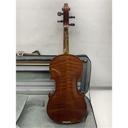 Early 20th century French Mirecourt violin with 35.5cm two-piece maple back and ribs and spruce top; bears label 'The Garrodus Violin H & Co No.1587 Anno 1912' L59cm overall; in modern fitted case with bow