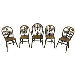 Set of nine (8+1) 20th century stained beech wheel back dining chairs, hoop and stick back over turned supports joined by H-stretchers