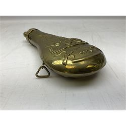 Sykes Patent adjustable swivel copper/brass rifle powder flask embossed with stiff leaves H19cm; and two modern reproduction powder flasks (3)
