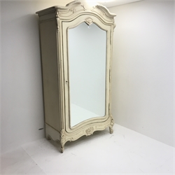 Large French style wardrobe, arched top with pediment, single mirrored door enclosing hanging rail and shelves, acanthus carved cabriole feet, W112cm, H240cm, D60cm
