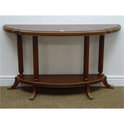  Reproduction mahogany Demi lune console table, moulded top, column supports joined by solid undertier, hairy paw brass capped sabre supports, W120cm, H69cm, D41cm  
