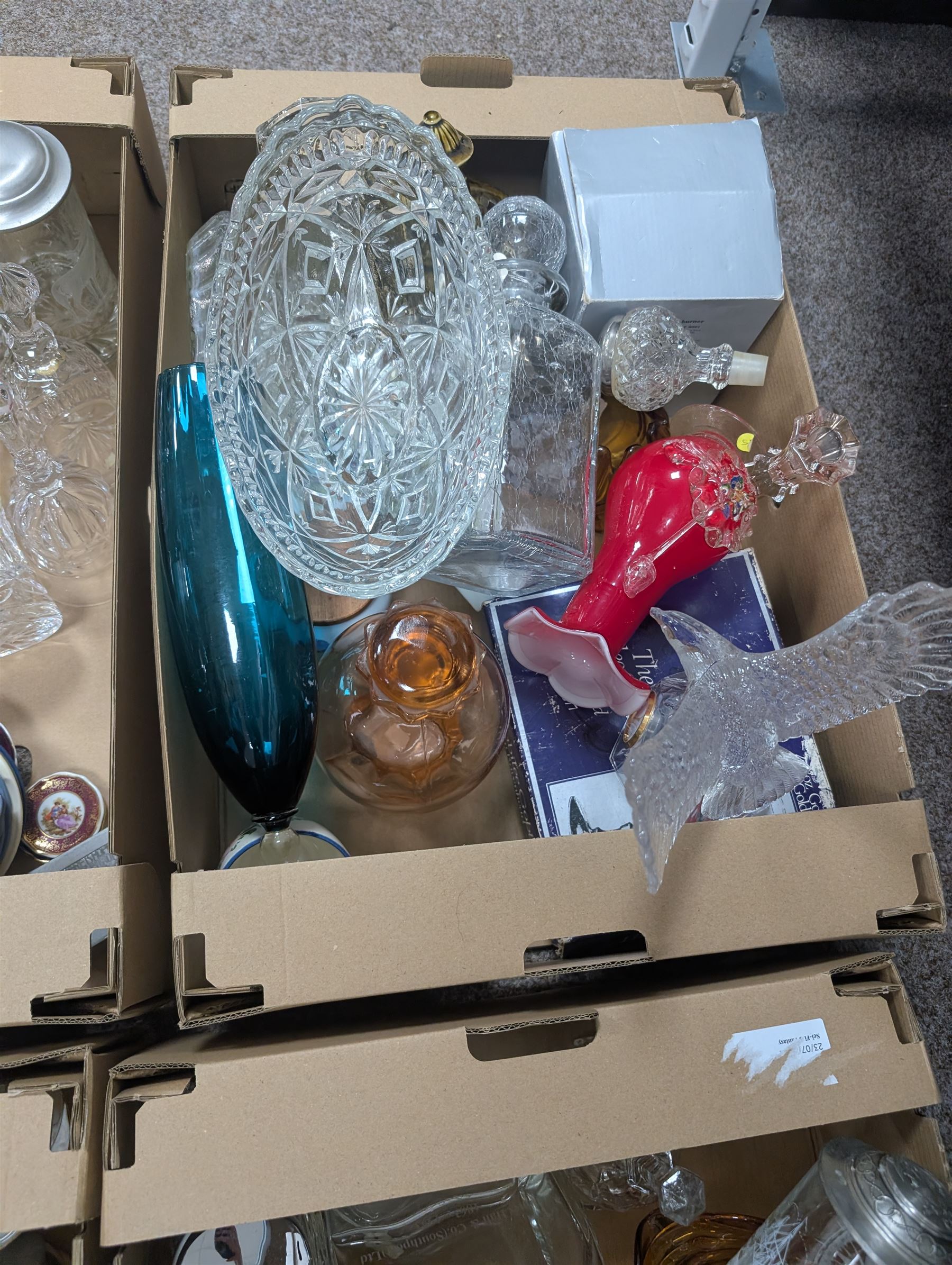 Cherished Teddies, cut and coloured glassware, Wedgwood Jasperware etc, in four boxes