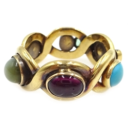  Romantic period garnet, turquoise, emerald, amethyst, cat's eye sapphire and diamond ring   