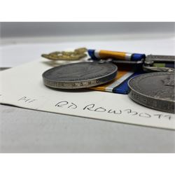 George V India General Service Medal with Afghanistan N.W.F. 1919 clasp and WW1 British War Medal awarded to 79561 Pte. R.D. Rowbottom R.A.M.C.; both with ribbons; card mounted with cap badge and Medical Corps cloth badge