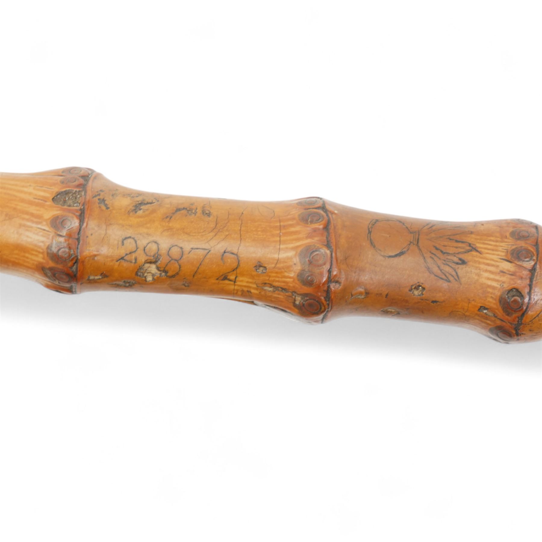 African knobkerrie, Malayan Kris, bamboo stick inscribed T.H.J. 29872, Arabian dagger with engraved curved blade and bone handle and a wooden gavel (4)