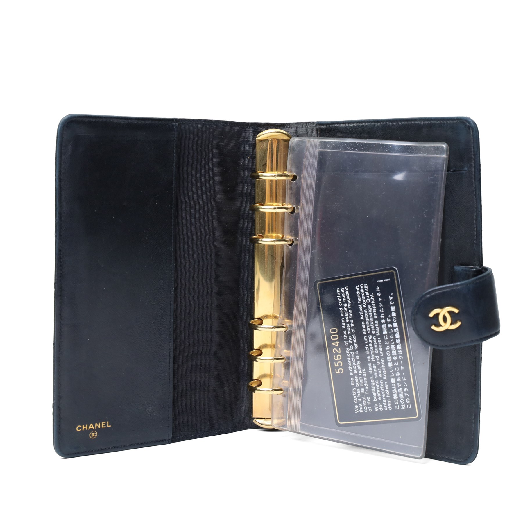 Chanel - vintage quilted black lambskin leather agenda cover, with gold-tone CC press-stud fastening, fitted interior and authenticity card, c.1990s