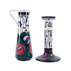 Moorcroft Tribute To Charles Rennie Mackintosh jug and candlestick, designed by Rachel Bis...