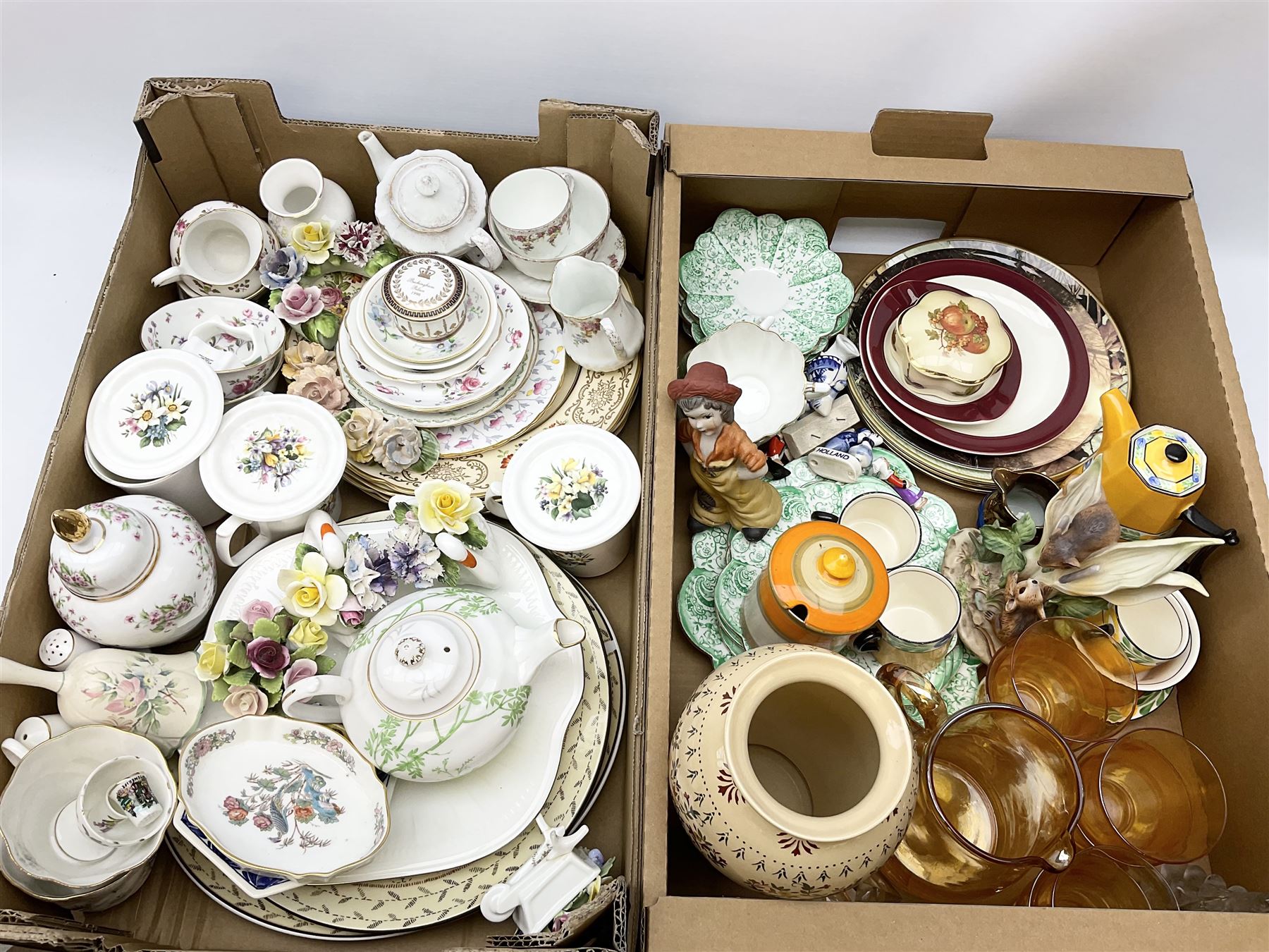 Collection of assorted ceramics, to include Shelley preserve pot, Regal Ware coffee wares, Paragon tea wares, floral encrusted ornaments, other tea wares and decorative ceramics, in two boxes