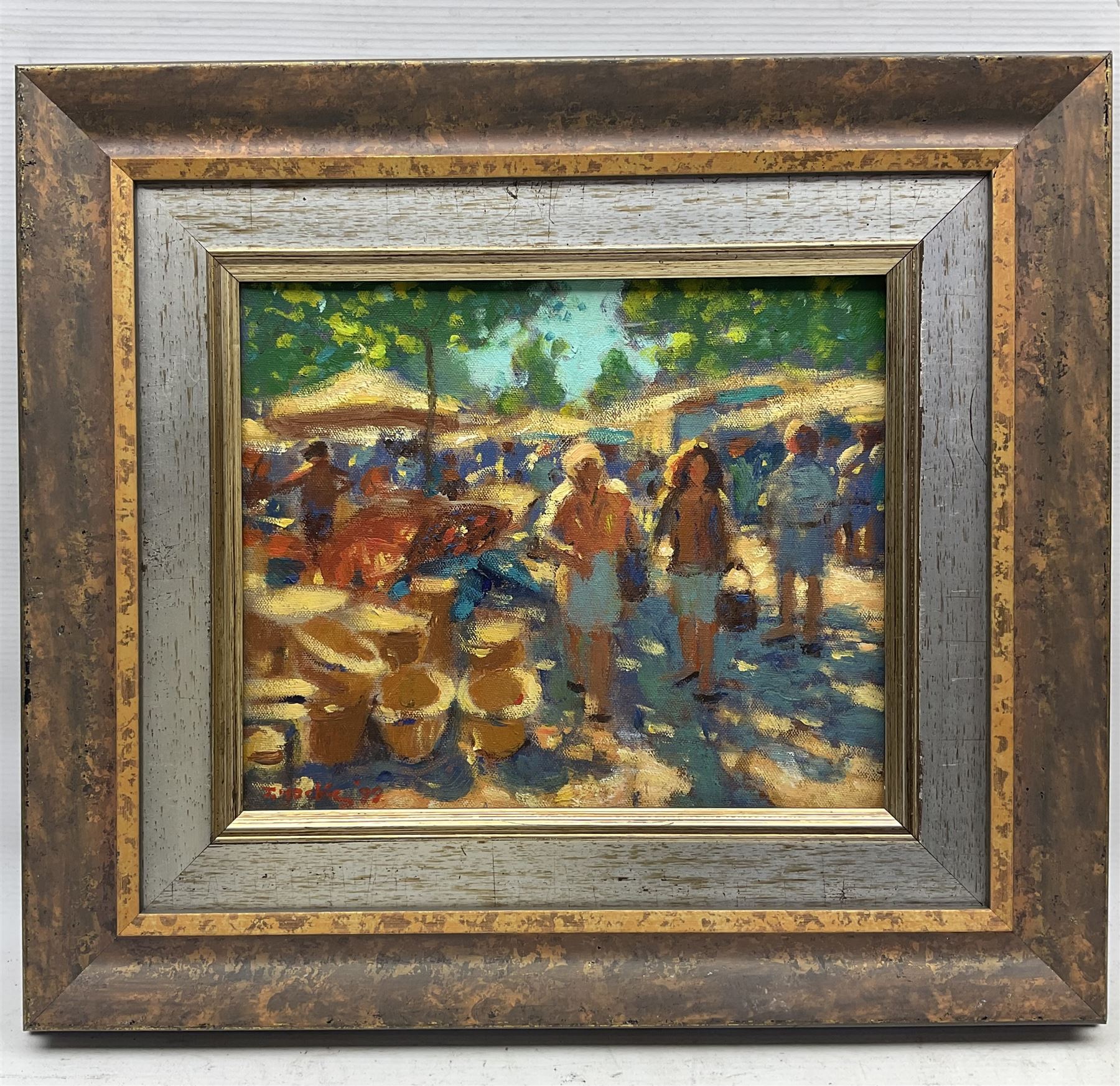 John Mackie (Scottish 1953-): Sunny Market Day, oil on canvas signed and dated '99, 24cm x 29cm 