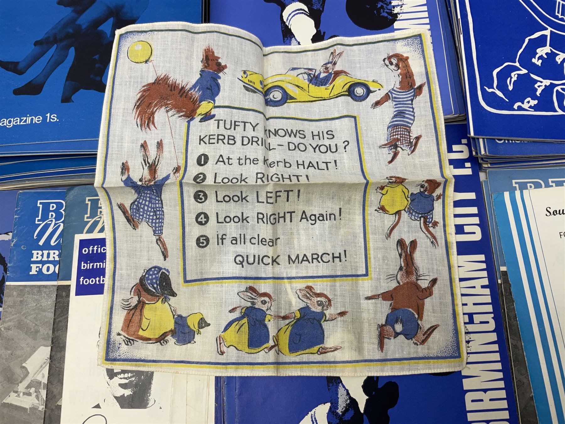 1931 F.A. Cup Final Birmingham City printed silk handkerchief, quantity of Birmingham City football programmes, and Tufty Club silk handkerchief