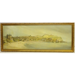 Hilary Johnson (British 20th century): Rock Pooling at Bridlington, oil on board signed, and Michael Major (British 20th century): Bathing Machines on the South Bay Scarborough, oil on canvas signed and dated '82, 35cm x 98cm