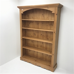 Solid pine 6’ open bookcase, projecting cornice, four shelves, plinth base, W132cm, H184cm, D32cm