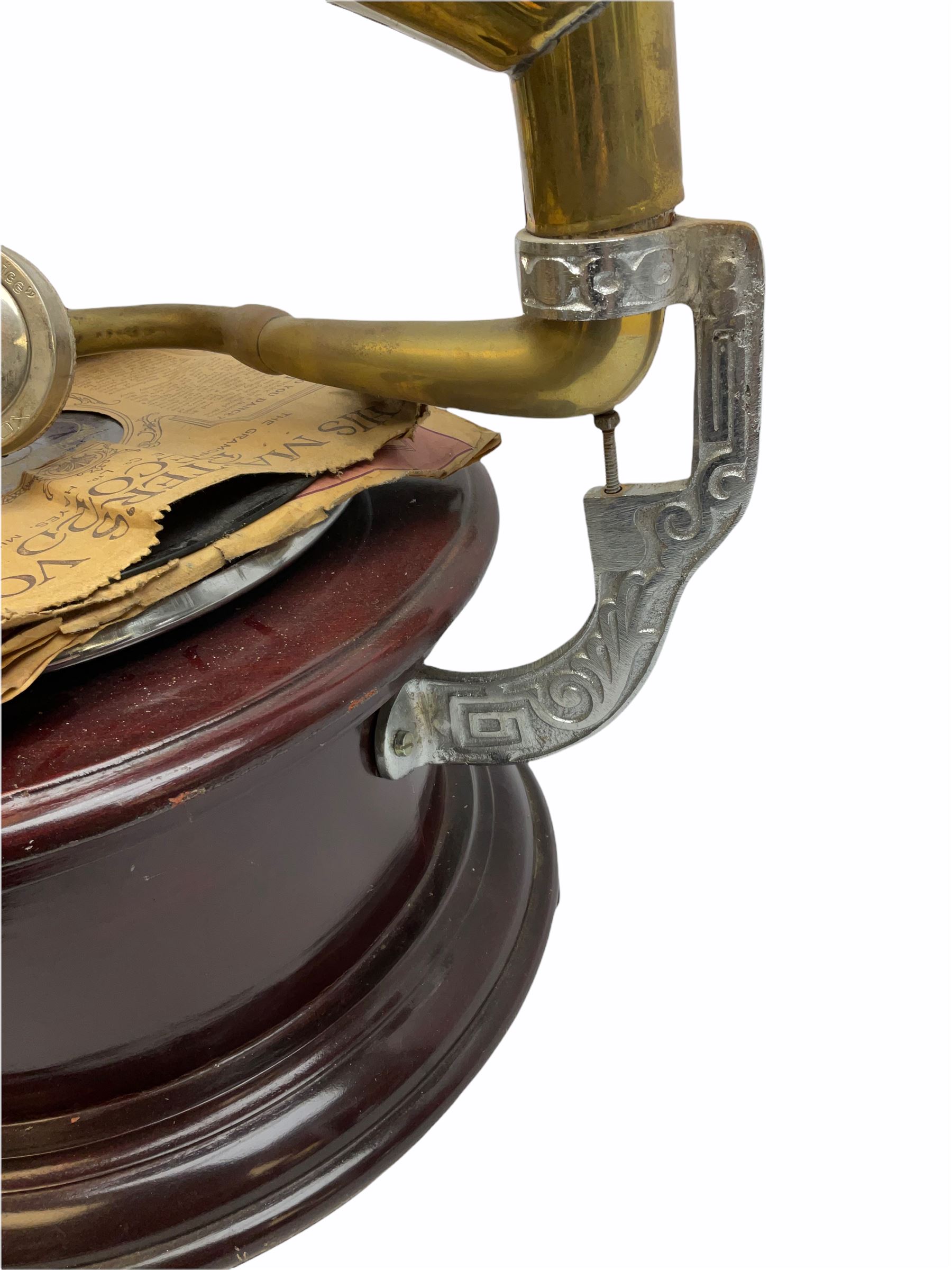 His Master's Voice table top wind up gramophone on a circular wooden base, with brass horn, H72cm, Horn D43cm. 