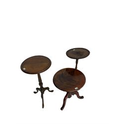 19th century and later carved mahogany and walnut pedestal table (41cm x 33cm, H70cm), an early 20th century mahogany and beech wine table, and another small occasional tripod table