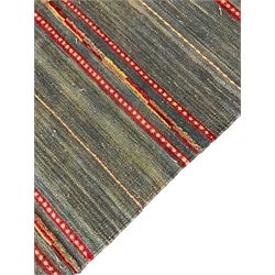 Shiraz Kilim green ground rug, with red patterned stripes