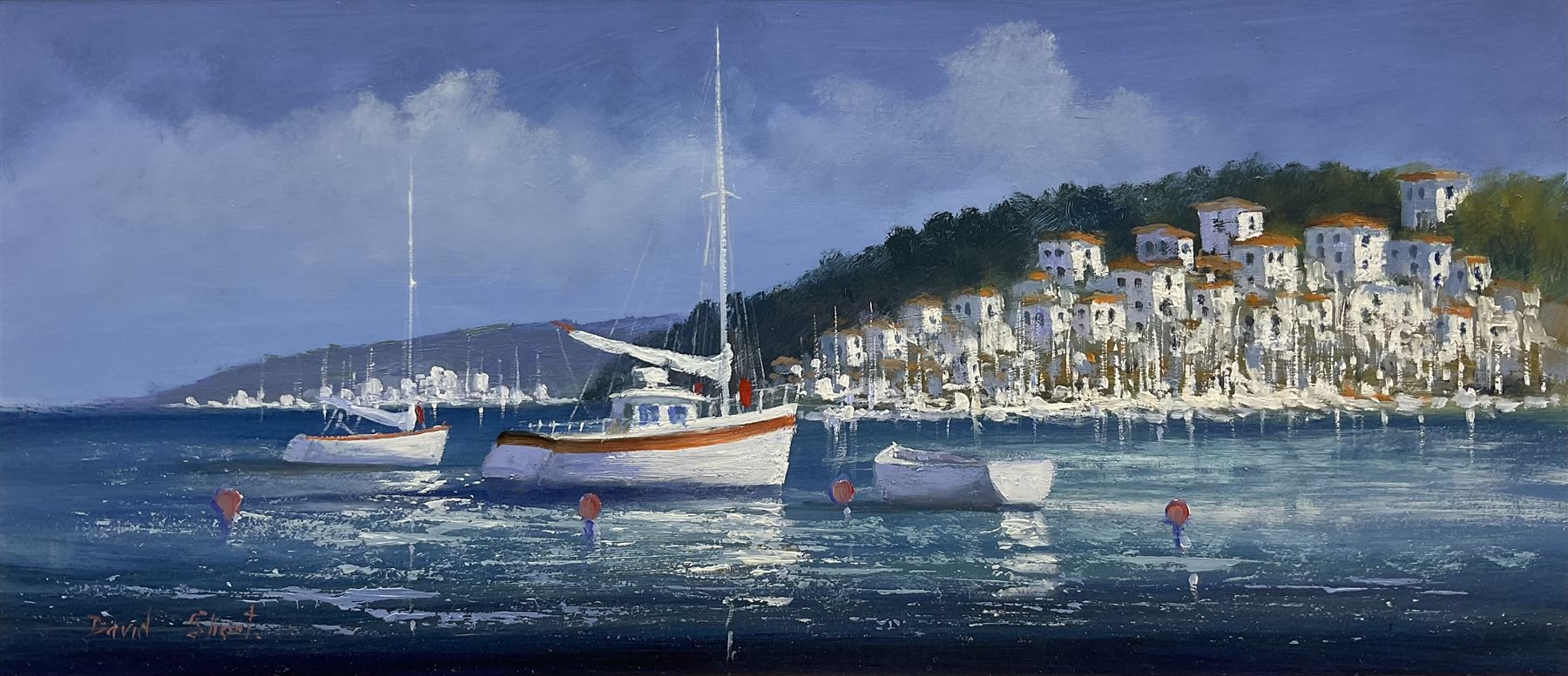 David Short (Nottingham 1940-): Yachts on the Riviera, oil on board signed 17cm x 38cm