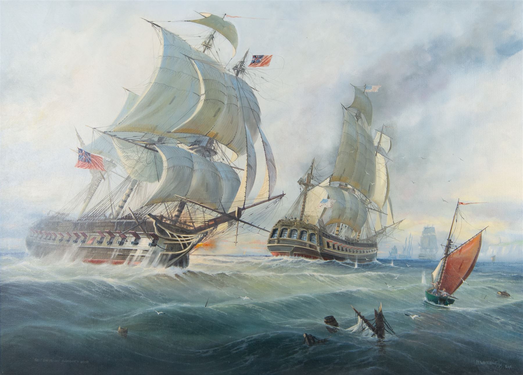 Michael J Whitehand (British 1941-): 'First Shots off Flamborough Head', oil on canvas signed titled and dated Sept. '85,  65cm x 90cm 
Provenance: private collection, purchased Bonhams Leeds 19th November 2002 Lot 196