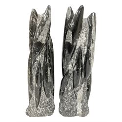 Pair of orthoceras fossil towers, age: Devonian period, location: Morocco, larger tower, H33cm