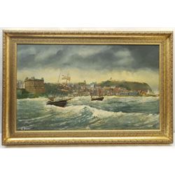 Robert Sheader (British 20th century): Shipping in Scarborough South Bay, oil on board signed 49cm x 82cm