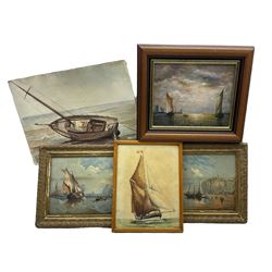 A contemporary marine oil, two coastal lithographs, and two similar watercolours (5)