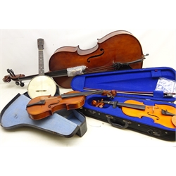  Sentor violin with bow in carry case, Chantry violin, four sting 17 fret banjo with case and modern Cello (4)  