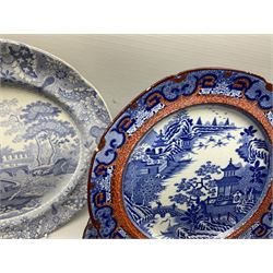 Group of 19th century and later ceramics, to include blue and white Willow pattern pearl ware dinner wares, overpainted in iron red, Spode blue and white Grasshopper pattern twin handled dish, Continental ewer painted with panels of floral sprays, blue bands and heightened with gild, etc., in one box 
