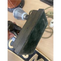 Art Deco style table lamp, modelled in the form of a bronzed female figure before a leaded glass fan shaped shade, H38cm