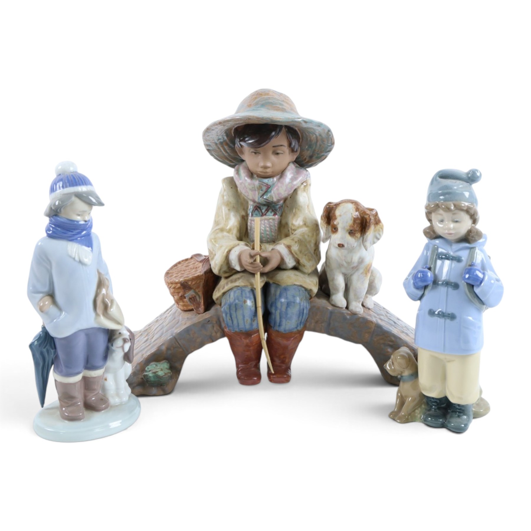 Lladro gres figure Boy on Bridge no.2237, together with Winter Boy no 5220 and a Nao figure