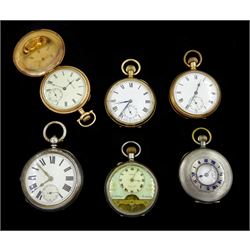 Three early 20th century gold-plated keyless lever pocket watches including full hunter Ingersoll Trenton, Edwardian silver key wound lever pocket watch, case by William Ehrhardt, Birmingham 1902, silver keyless lever half hunter pocket watch by Record and an 8 days keyless lever pocket watch