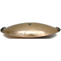 Victorian copper carriage foot warmer of flattened oval form with two carrying handles, L70cm