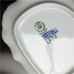 rtv - A small Royal Copenhagen dish modelled as a lily pad surmounted with a moulded frog figure, model no 2477, together with a selection of white glazed Royal Copenhagen, comprising a vase, and six plates, each with mark beneath. 